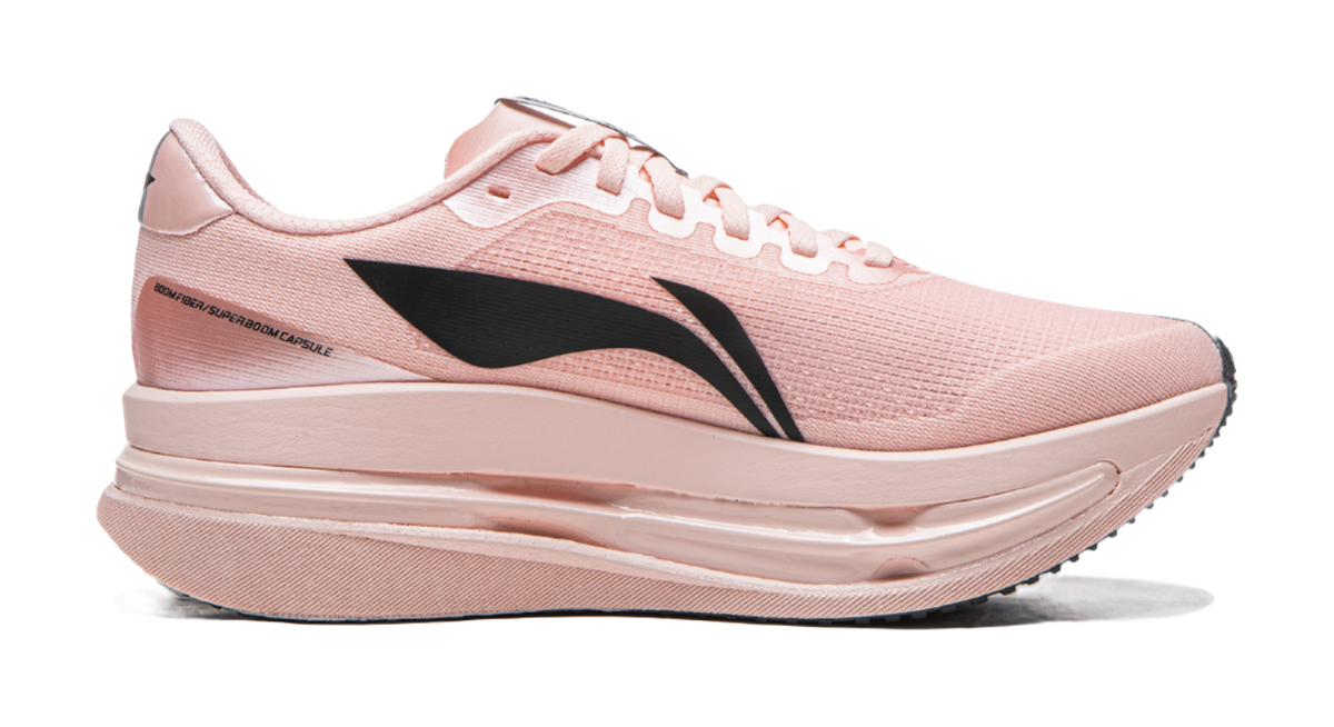 Li Ning women's low-top running shoes, light pink upper with black side swoosh