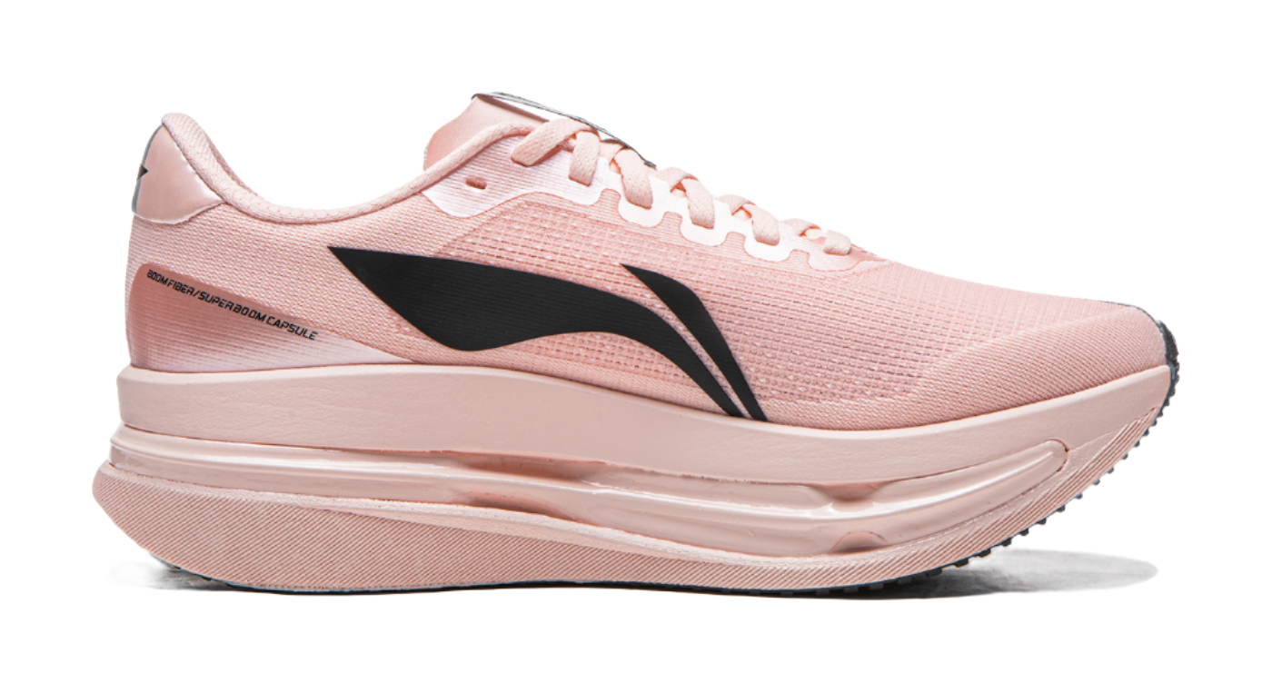 Li Ning women's low-top running shoes, light pink upper with black side swoosh
