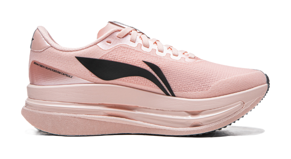 Li Ning women's low-top running shoes, light pink upper with black side swoosh