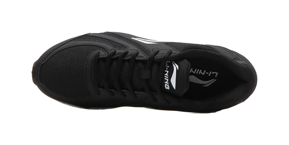 Lightweight mesh running shoe, black interior view with black laces and tongue branding