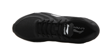 Lightweight mesh running shoe, black interior view with black laces and tongue branding