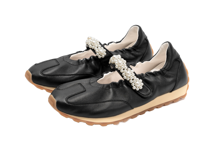 Pair of black flat Mary Jane shoes with pearl beaded double strap detail, tan sole