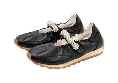 Pair of black flat Mary Jane shoes with pearl beaded double strap detail, tan sole