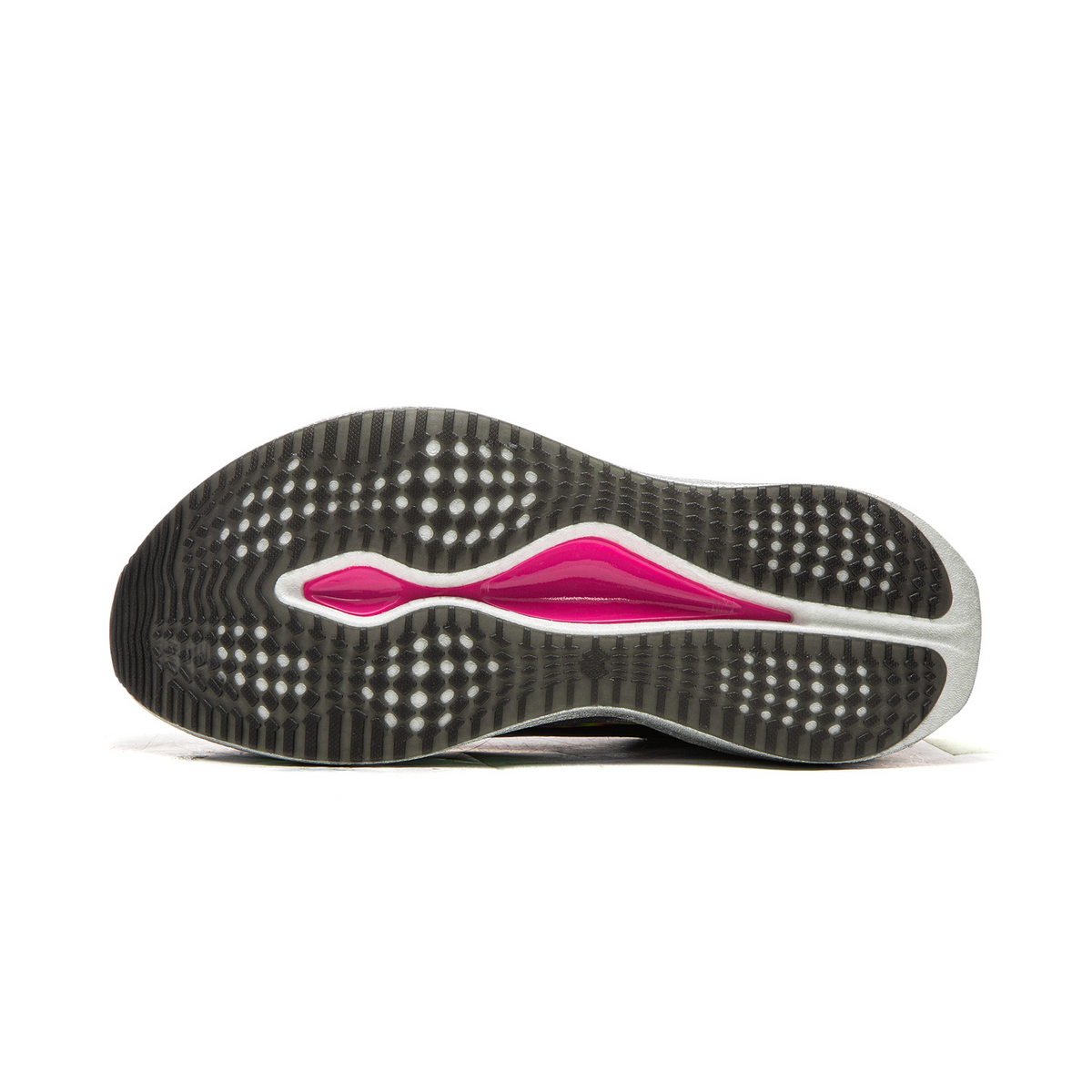 running shoe outsole with dot tread pattern and pink stripe, bottom view