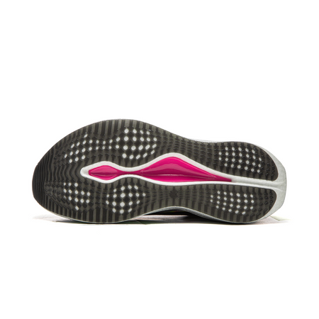 running shoe outsole with dot tread pattern and pink stripe, bottom view