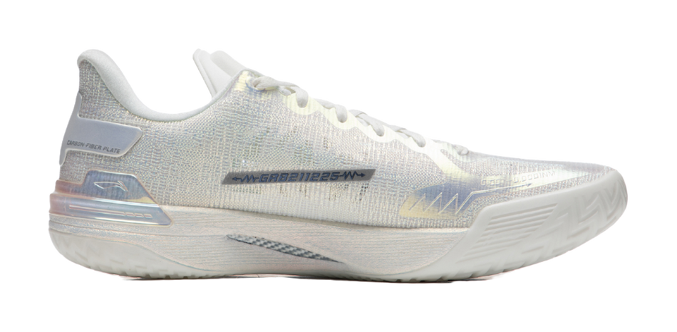 White basketball sneaker, knit upper with iridescent logo marks, lace-up.