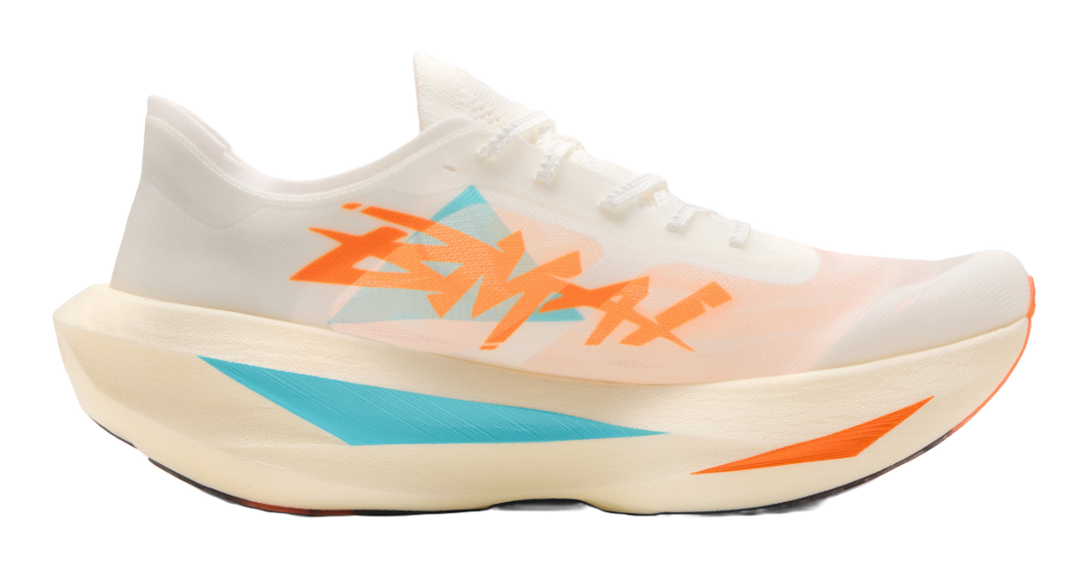 Women’s low-top running shoes, white knit upper with orange and teal graphic stripes
