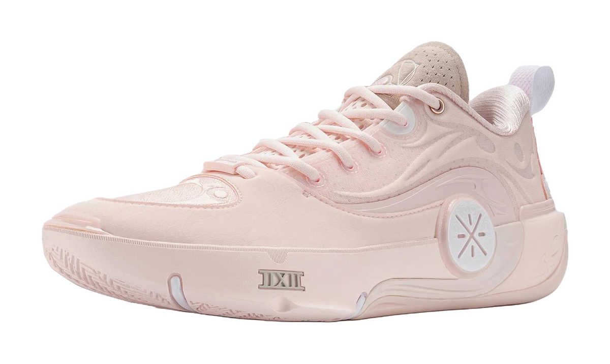 Light pink high-top basketball shoes with lace-up closure and padded collar