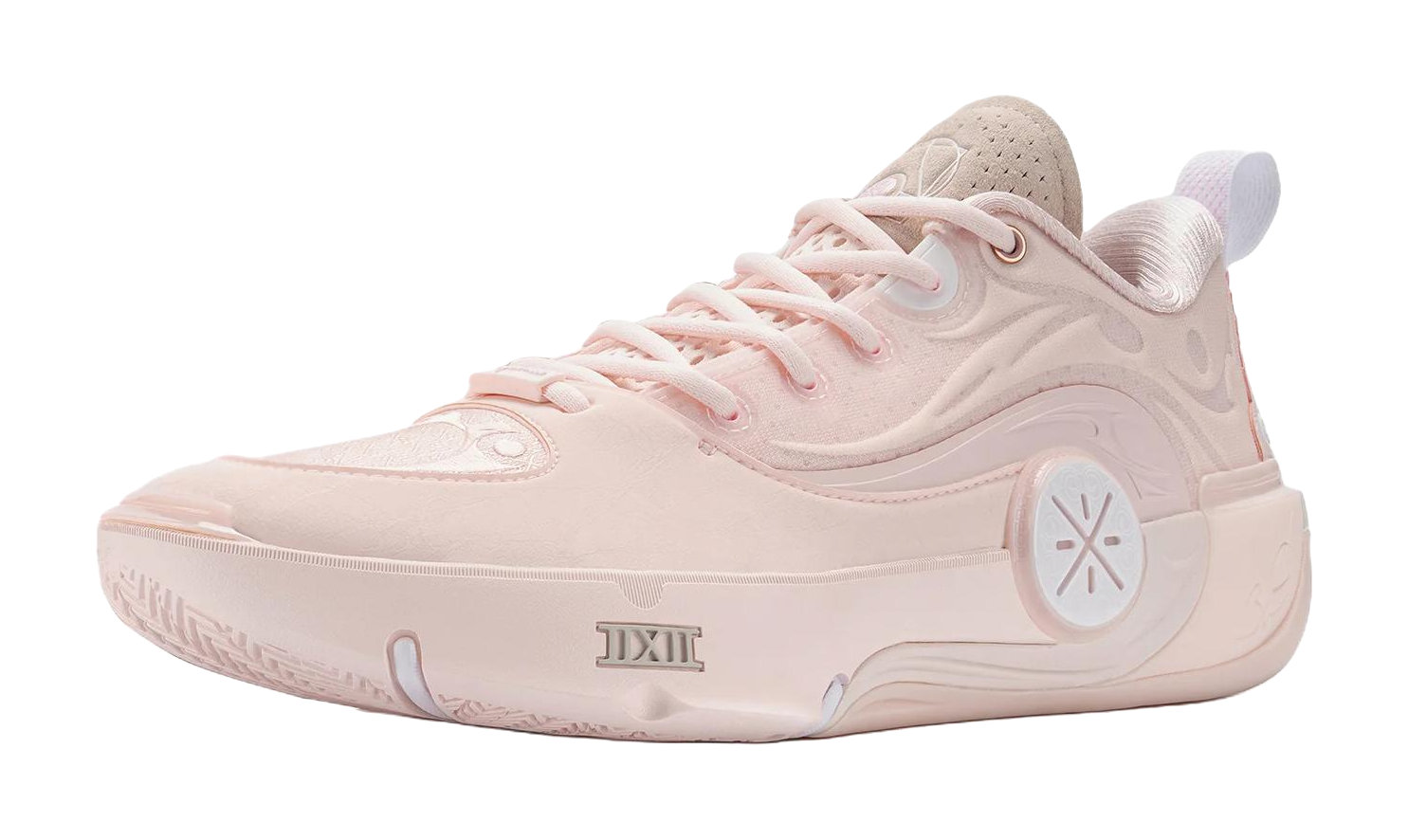 Light pink high-top basketball shoes with lace-up closure and padded collar