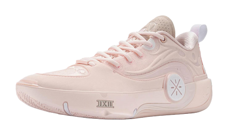 Light pink high-top basketball shoes with lace-up closure and padded collar