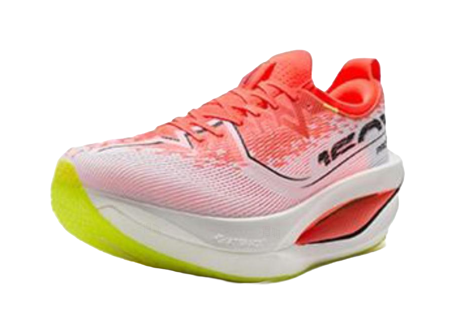 Marathon racing shoes, side view: pink knit upper, black logo, white sole with lime underside