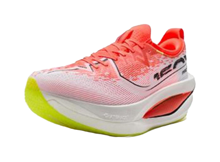 Marathon racing shoes, side view: pink knit upper, black logo, white sole with lime underside