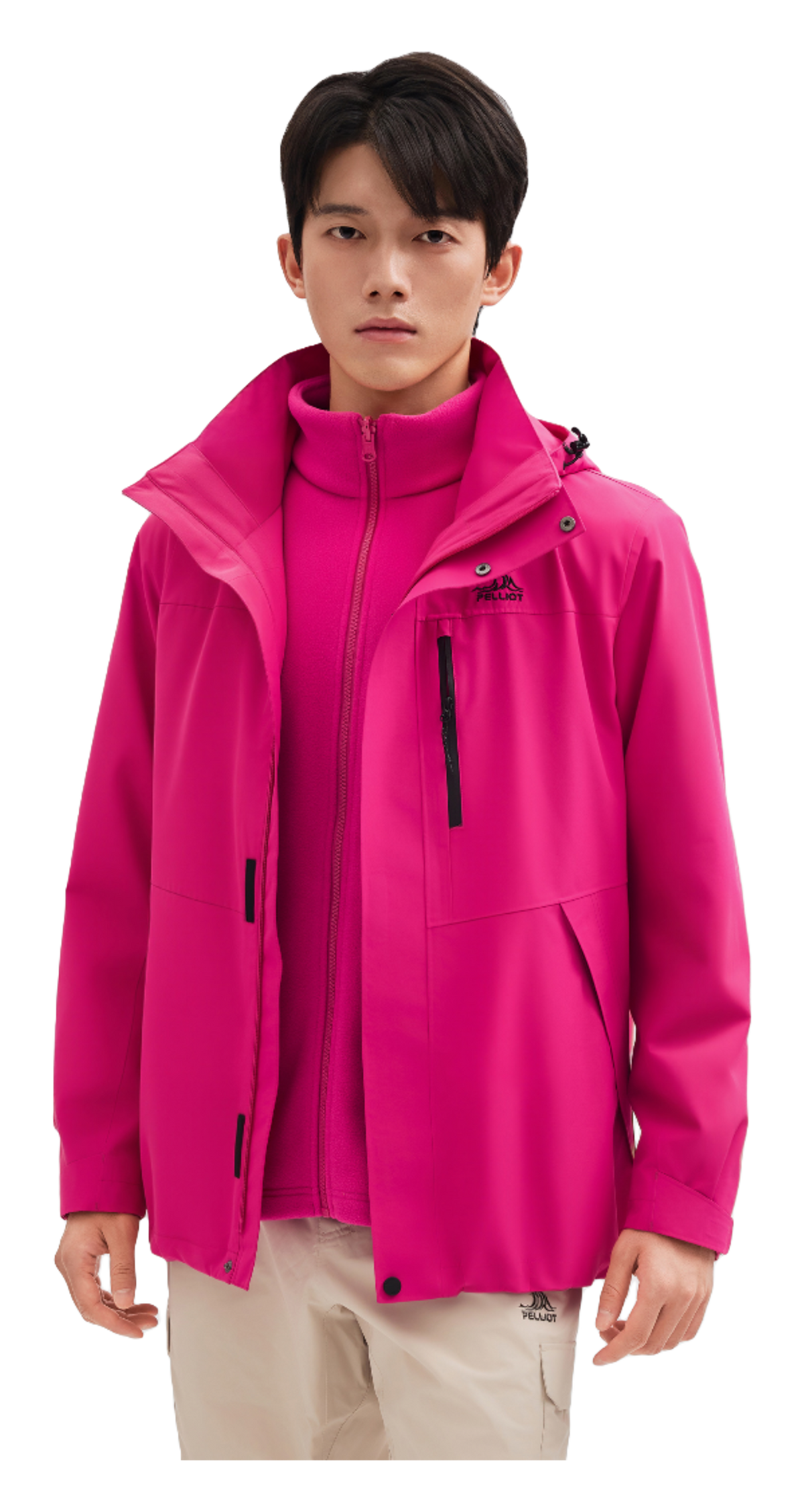Men's magenta windbreaker jacket with hood and zip front, featuring flap pockets