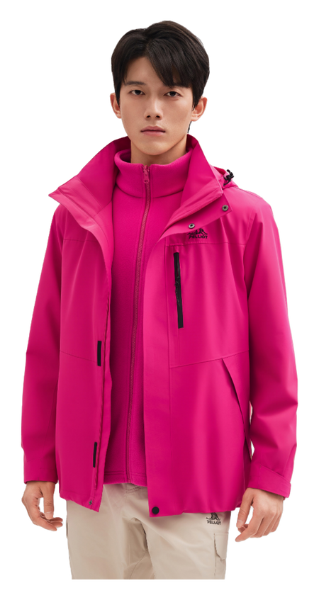 Men's magenta windbreaker jacket with hood and zip front, featuring flap pockets