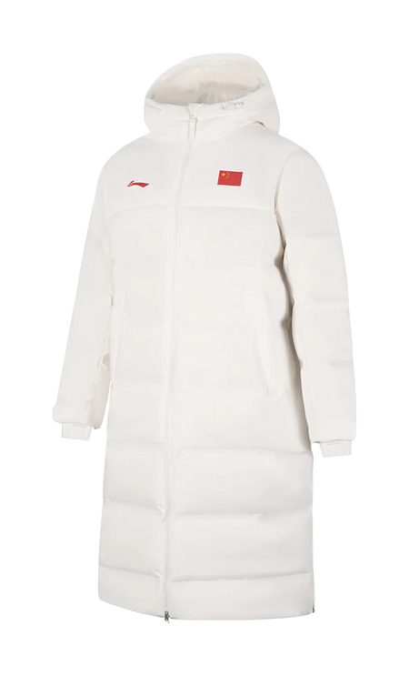 Ivory unisex hooded long puffer down jacket with full-zip and logo chest