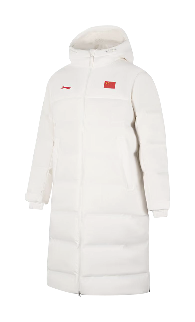 Ivory unisex hooded long puffer down jacket with full-zip and logo chest