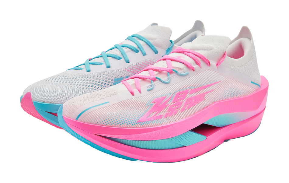 Low-top running shoes with white knit upper, pink laces, blue accents, thick pink outsole