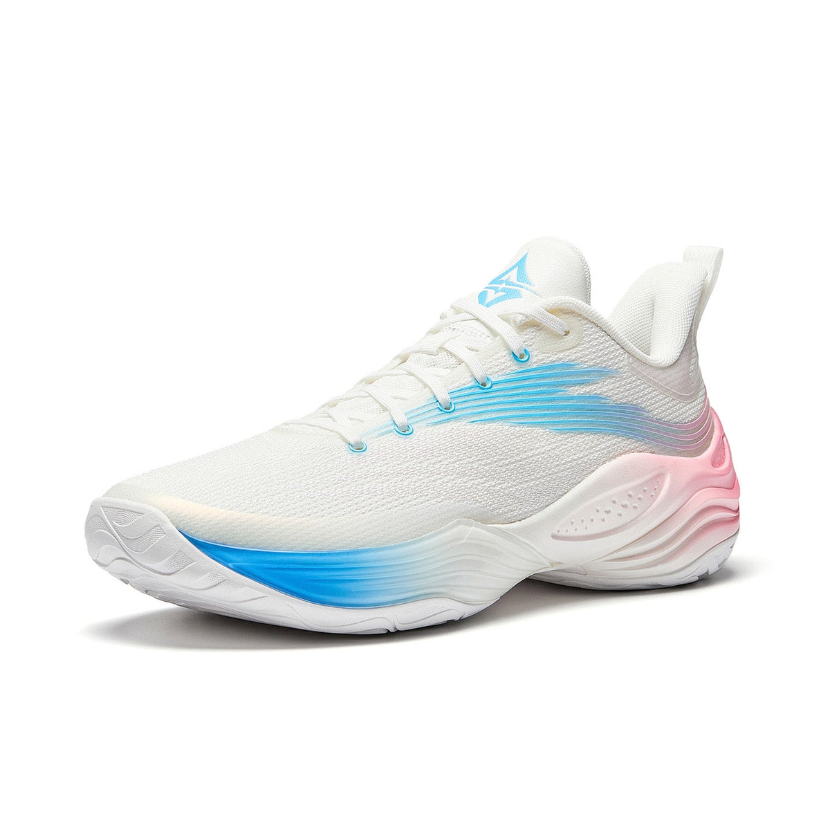 White basketball shoe with blue laces, pink side panel, textured midsole, lace-up