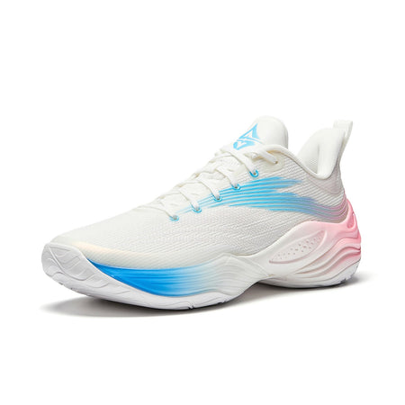 White basketball shoe with blue laces, pink side panel, textured midsole, lace-up