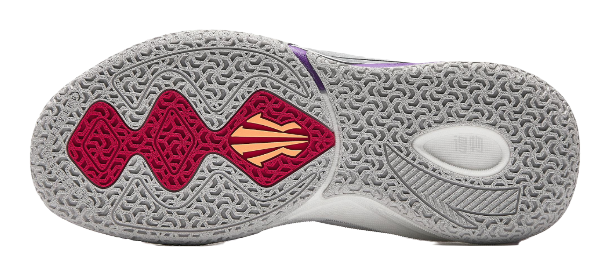 Purple and red basketball shoe outsole with textured gray tread pattern.