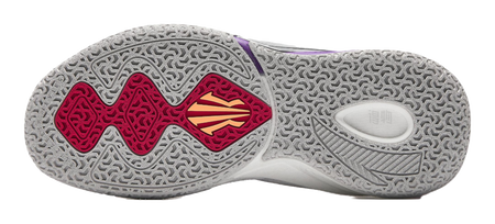 Purple and red basketball shoe outsole with textured gray tread pattern.