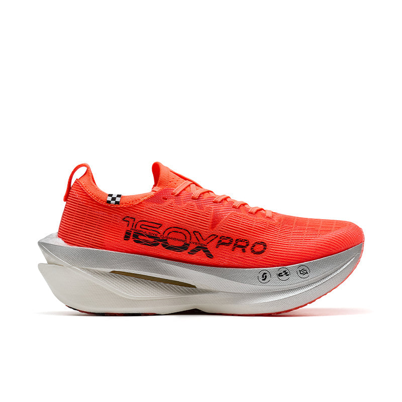 Marathon racing shoe in orange with textured upper and black print, grey midsole