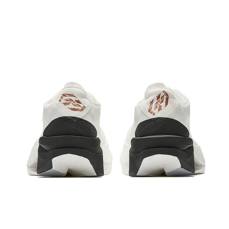 Marathon racing shoe pair with white back, black heel strap, and logo