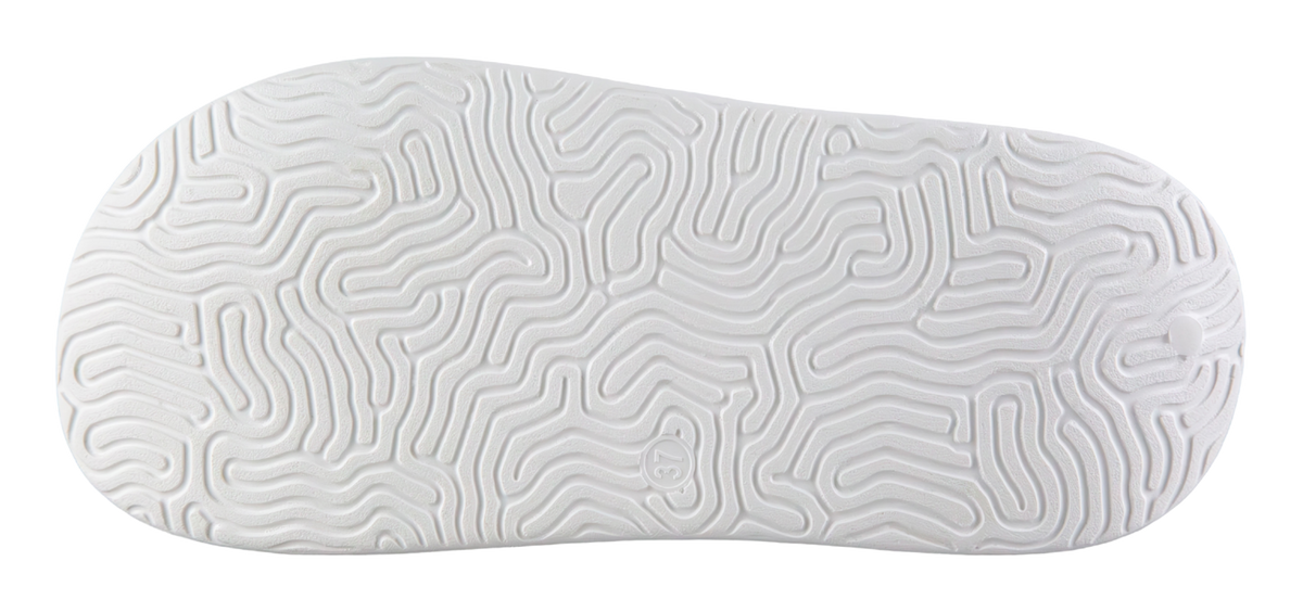 Recovery slide outsole with dense white traction tread pattern