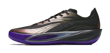 Black basketball shoe with white accents and purple midsole, low-cut lace-up