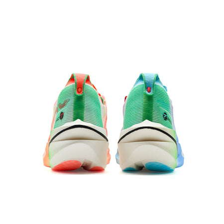 Marathon racing shoes pair, green-striped uppers with orange heel trim and blue outsole accents