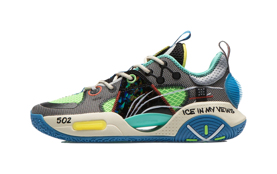 Men's low-top basketball shoes, gray upper with black, green and blue accents; lace-up.