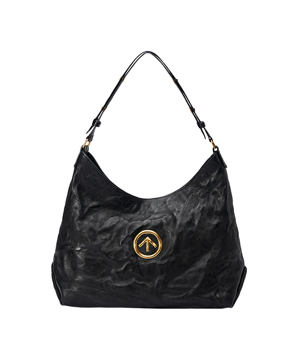 Black pleated sheepskin hobo bag with oval gold logo, short handles and crossbody strap