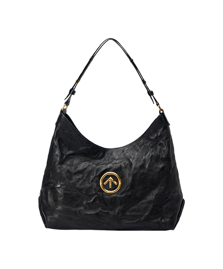 Black pleated sheepskin hobo bag with oval gold logo, short handles and crossbody strap