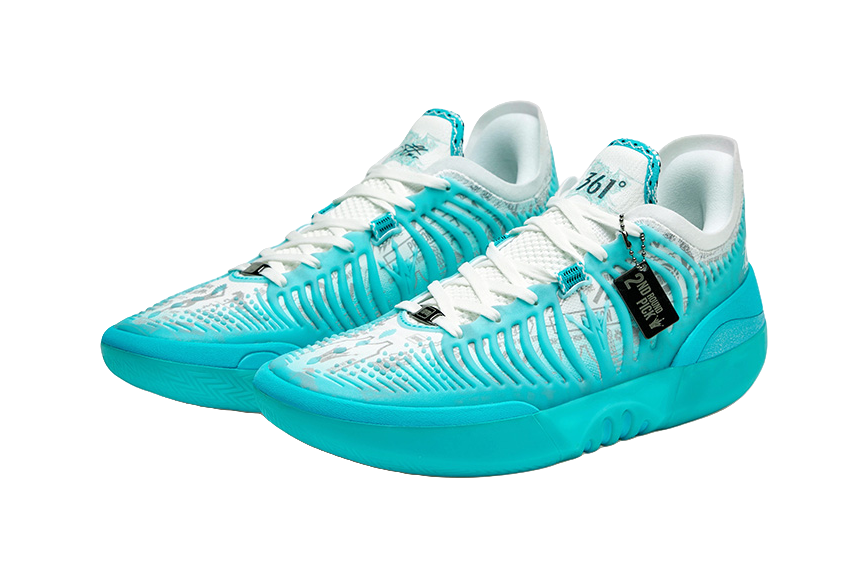 Turquoise basketball shoe with white laces and ribbed knit panel over teal sole
