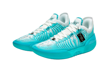 Turquoise basketball shoe with white laces and ribbed knit panel over teal sole