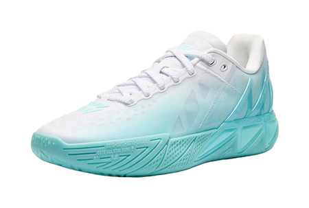 ANTA KT11 low-top basketball shoes, light blue gradient upper, white lace-up