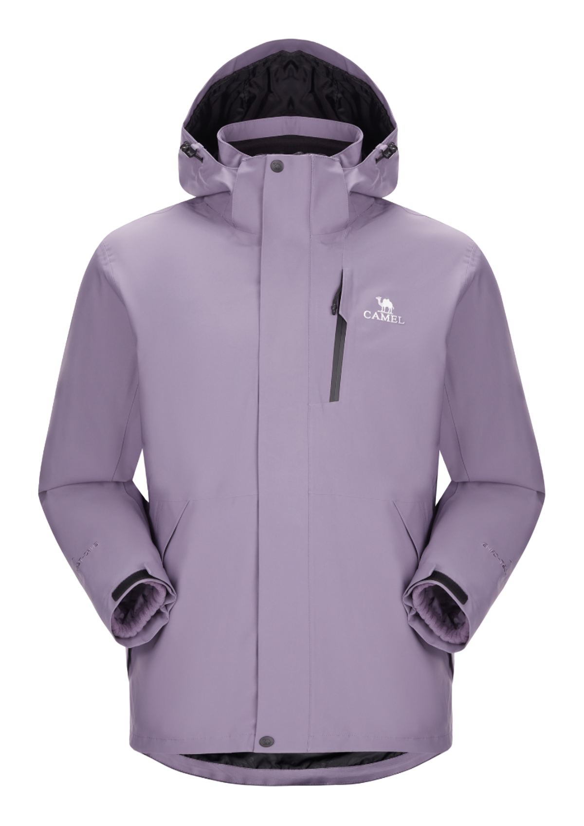 Lavender waterproof hooded jacket with front zipper and drawstring, long sleeves