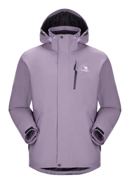 Lavender waterproof hooded jacket with front zipper and drawstring, long sleeves
