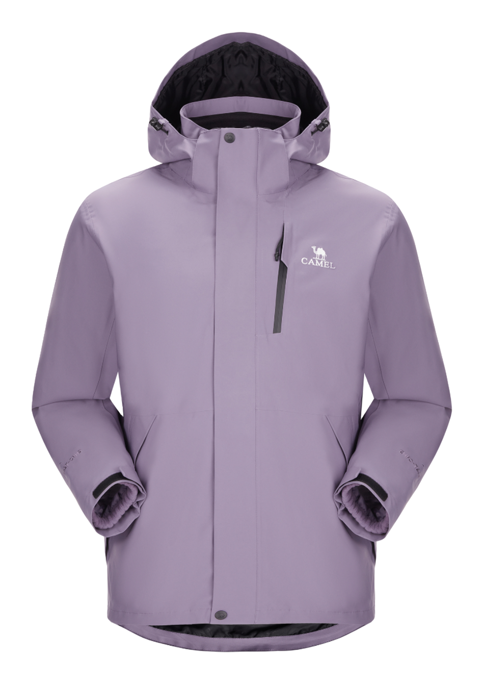 Lavender waterproof hooded jacket with front zipper and drawstring, long sleeves