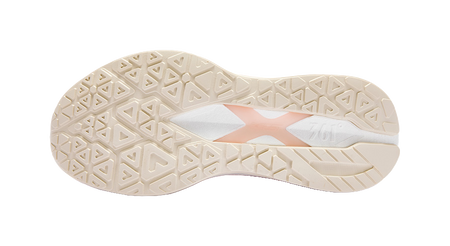 Low-top running shoe outsole tread in pink and white with grippy geometric pattern