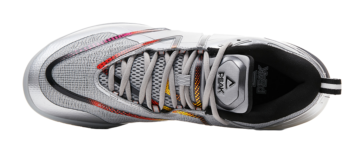 Peak style extreme general silver wing color scheme big triangle design carbon plate extreme+P-SOON technology midsole lightweight rebound GCU anti-skid outsole shock absorption, anti slip, wear-resistant and impact resistant basketball shoes men's g  vjsneaker.com