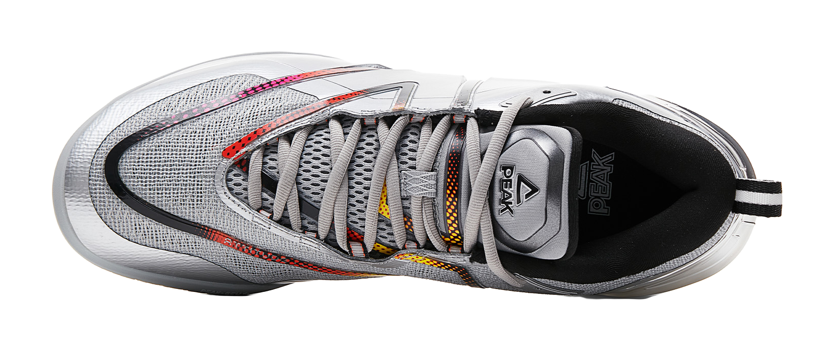 Peak style extreme general silver wing color scheme big triangle design carbon plate extreme+P-SOON technology midsole lightweight rebound GCU anti-skid outsole shock absorption, anti slip, wear-resistant and impact resistant basketball shoes men's g  vjsneaker.com