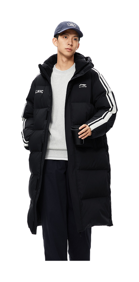 Men's black long down jacket with hood and side stripe panels, worn over a tee