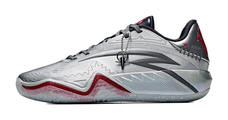Low basketball shoe in silver-gray with black collar and crimson/red accents, lace-up