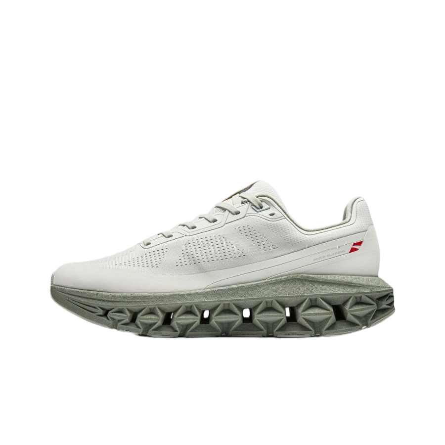 Unisex light gray running shoe side profile with cushioned textured midsole.