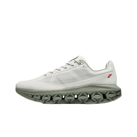 Unisex light gray running shoe side profile with cushioned textured midsole.