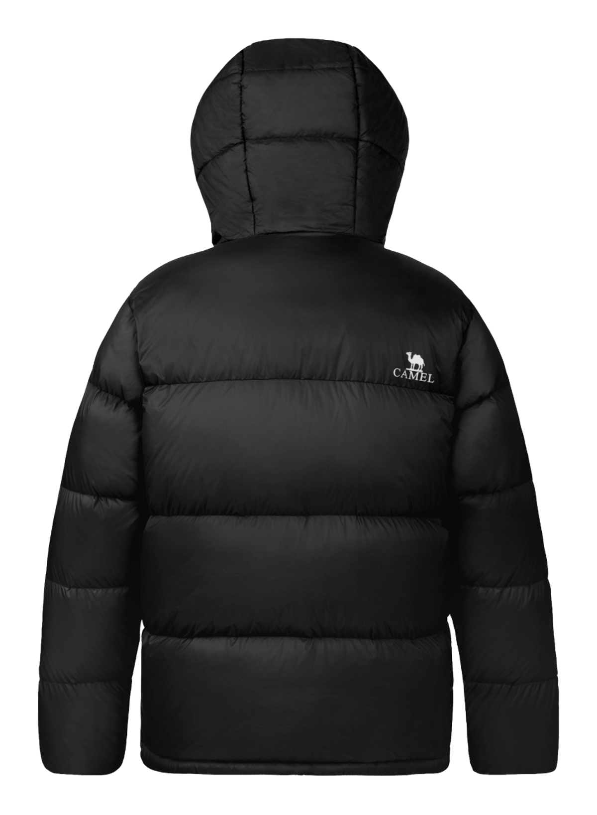 Black hooded puffer down jacket, full-zip, quilted baffles