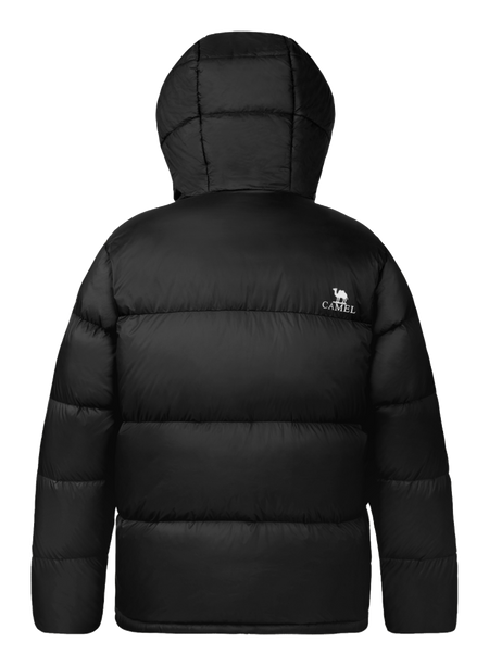 Black hooded puffer down jacket, full-zip, quilted baffles