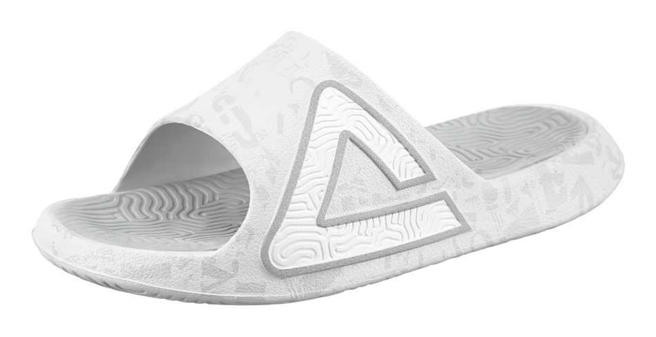 Light gray slide slippers with triangular logo and textured anti-slip sole