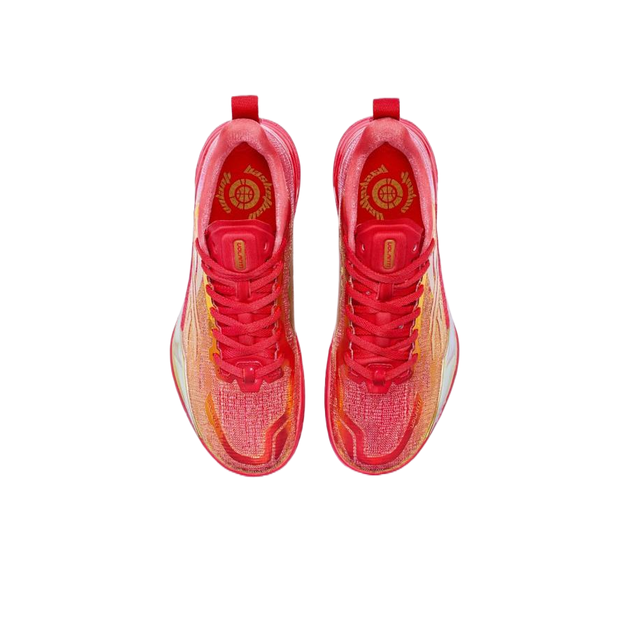 Pair of unisex basketball shoes, red laced uppers shown from inside with logo.